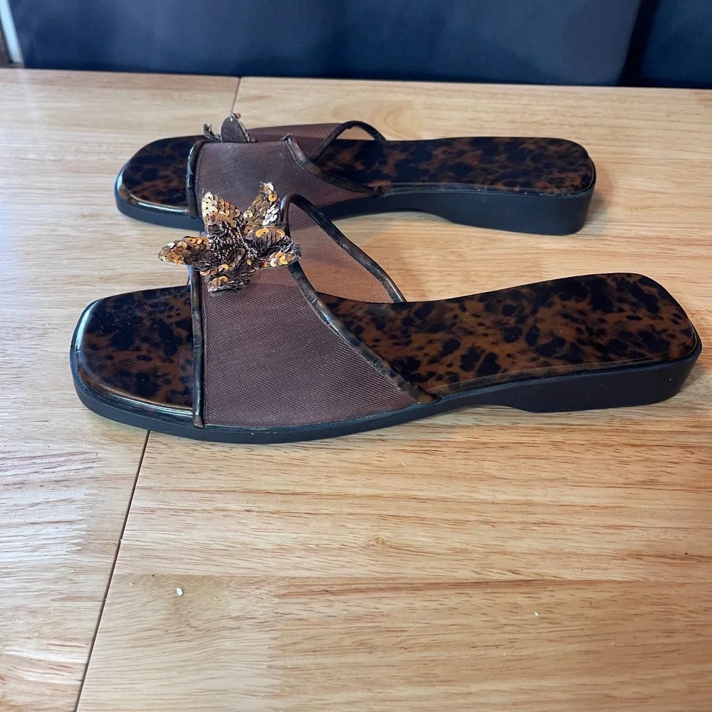 Stefani Womens Tortoise Shell Butterfly Mesh Slide Sandals Brown Square Toe 10.5